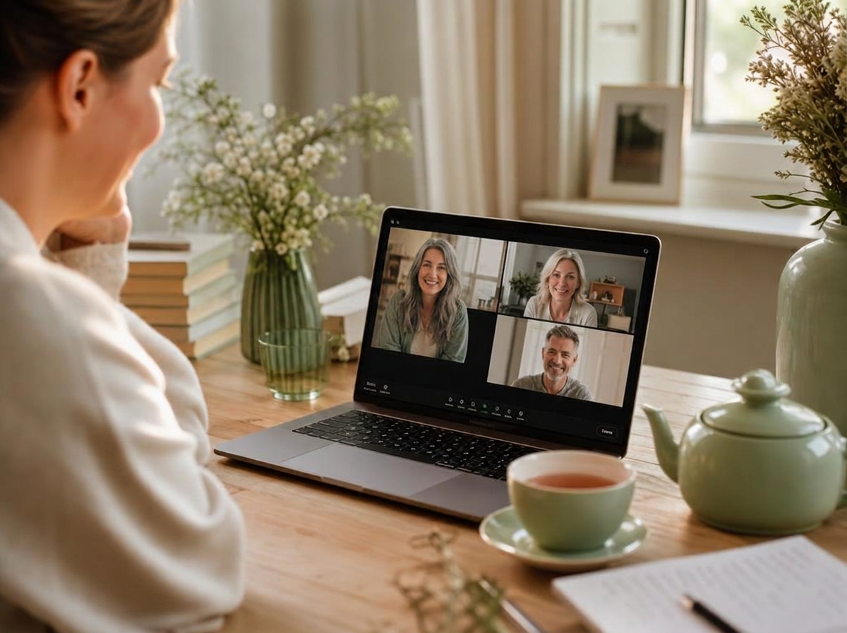 A cozy home desk with a laptop showing a small live video call