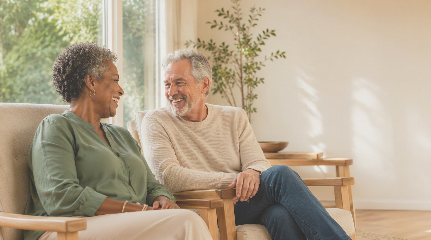 Two caregivers sharing a warm conversation